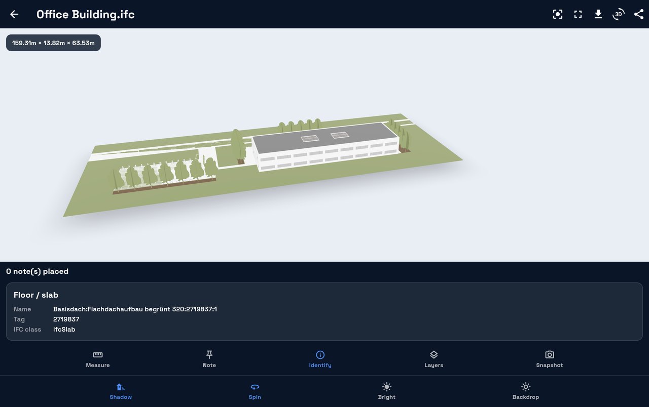 ARfield showing a real office building converted from IFC, with an element identified as a wall on level E00, its type and tag read from the file.