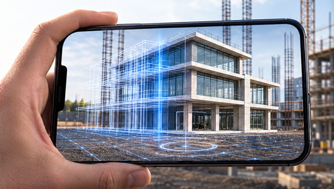 Illustration: a phone held up on a construction site, its screen showing a
                    three-storey office building standing at full scale on the ground where it will be built.