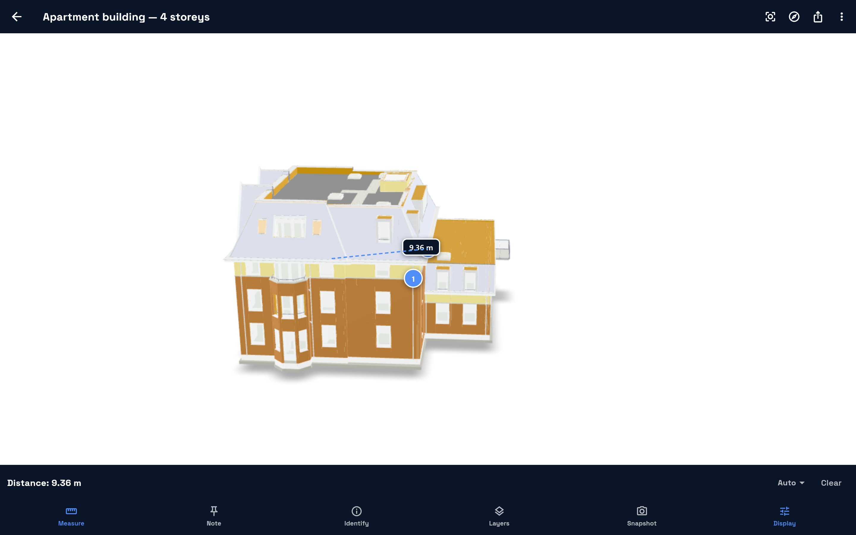 A 9.36 m dimension measured directly on the apartment building in ARfield, read off the model's own geometry.