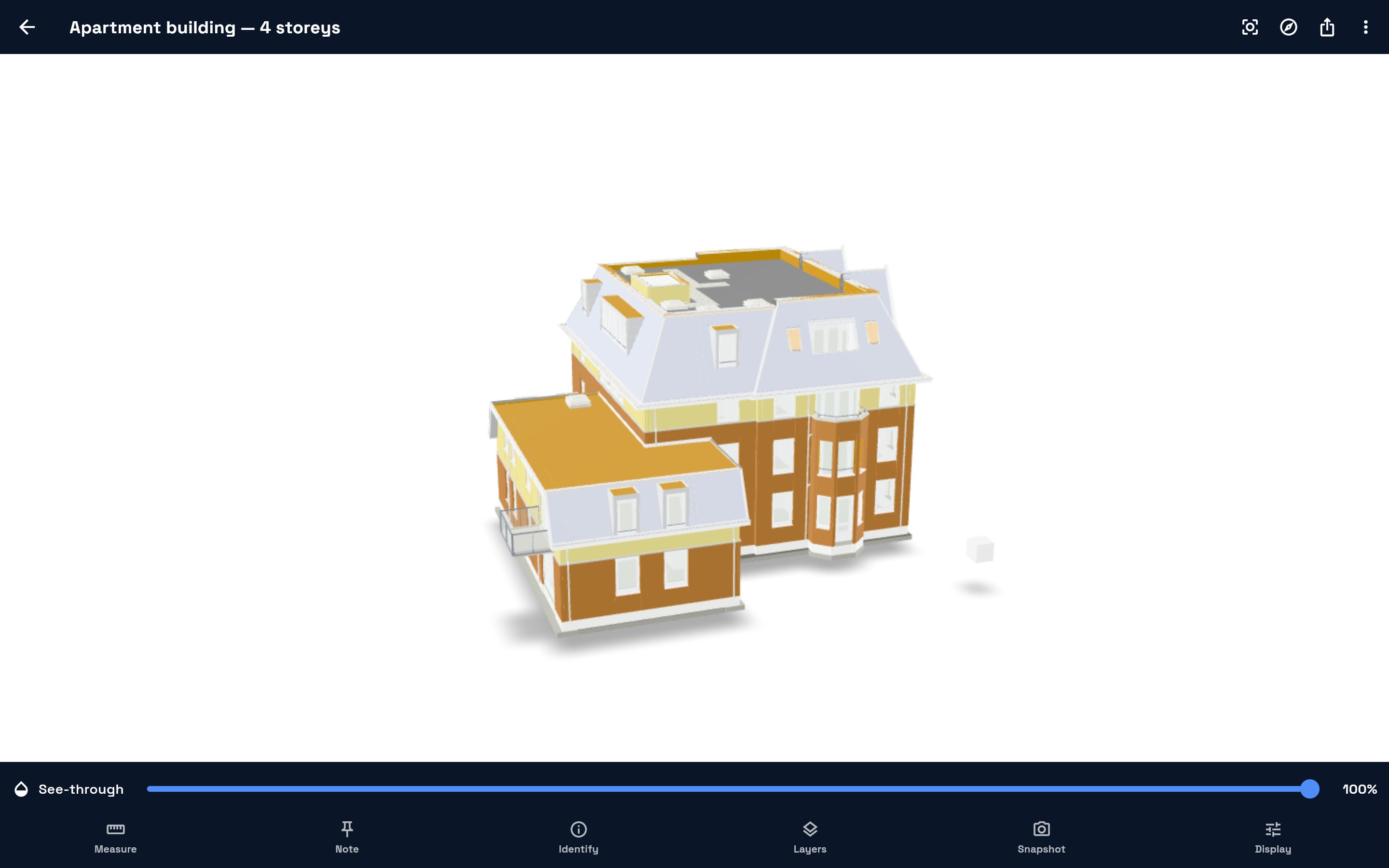 ARfield on a laptop showing a real four-storey apartment building converted from a 47 MB architect-issued IFC, with Measure, Note, Identify, Layers and Snapshot in the tool bar.